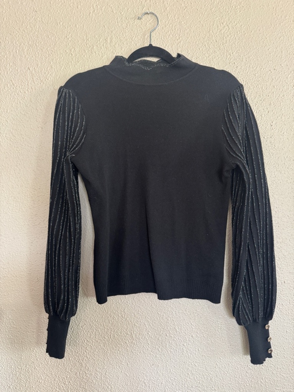 Nanette Lepore Black Long Sleeve Knit Top with Metallic-Thread Puff Sleeves